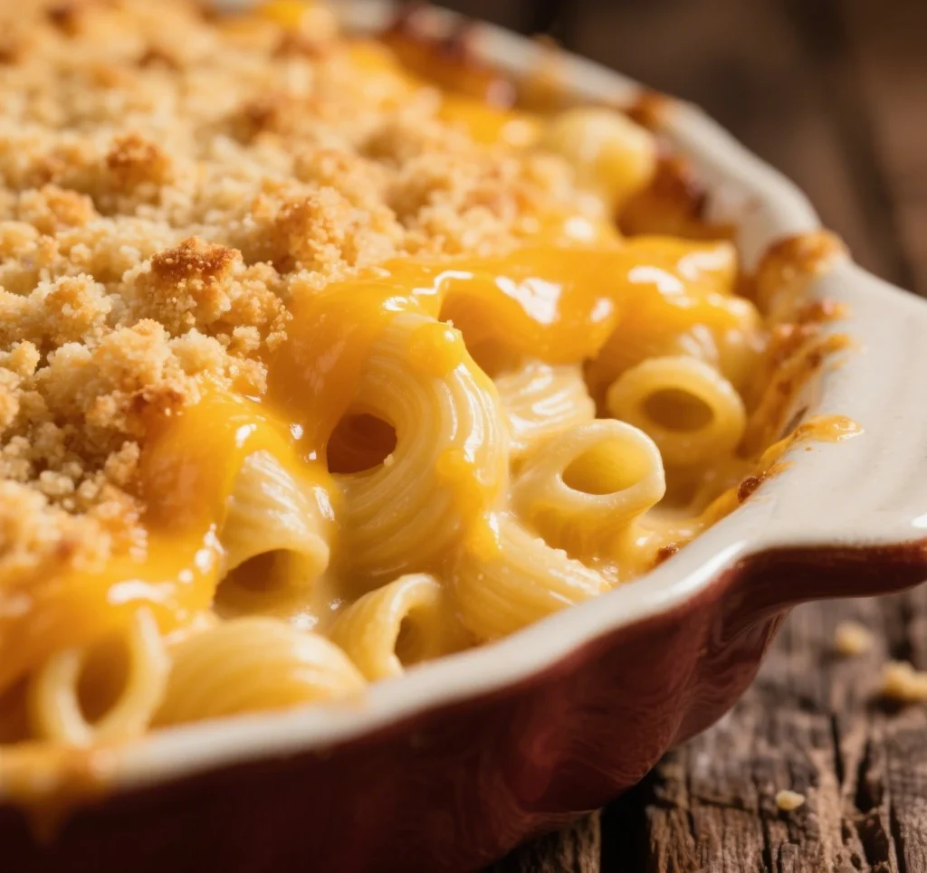 Close‑up of creamy Southern macaroni and cheese with gooey melted cheddar and crispy breadcrumb topping.