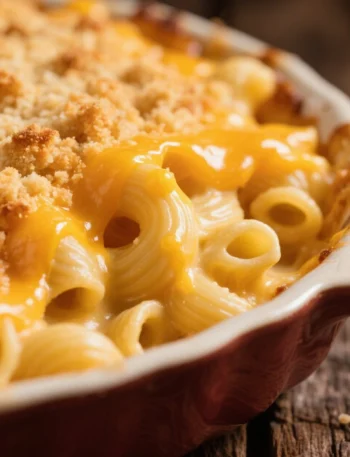 Close‑up of creamy Southern macaroni and cheese with gooey melted cheddar and crispy breadcrumb topping.