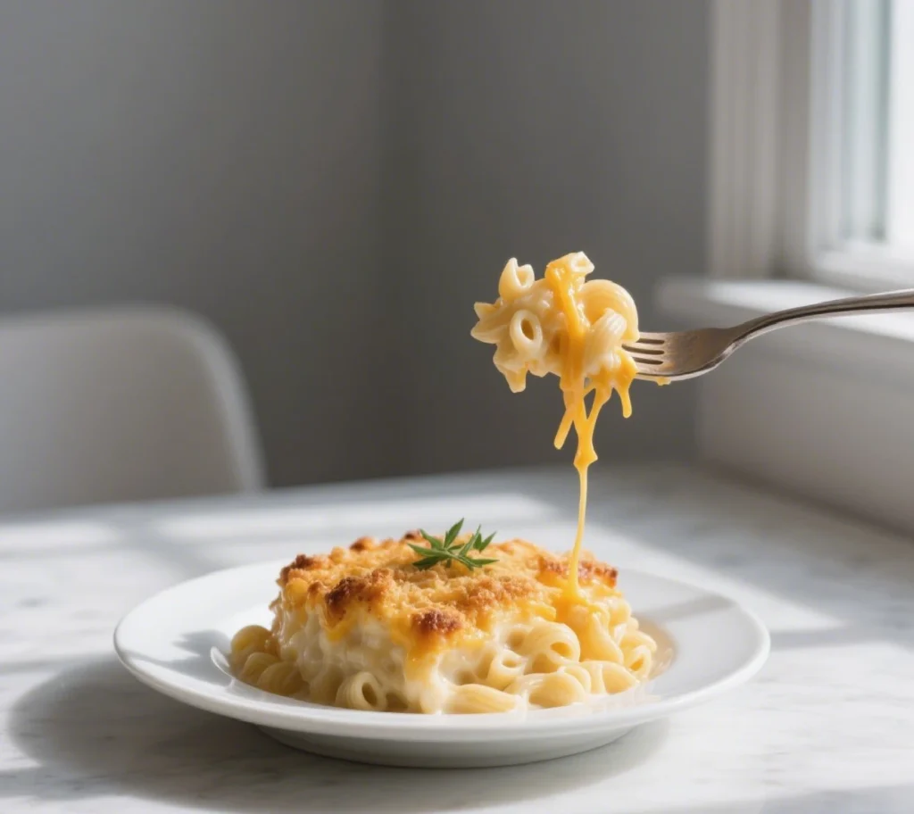 Single serving of Southern baked mac and cheese on a white plate, fork lifting a cheesy bite, sprinkled with fresh herbs.