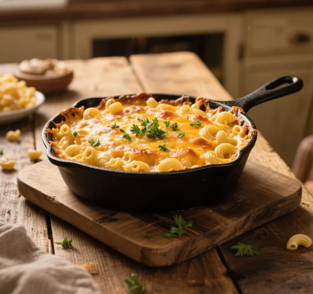 Golden‑brown Southern baked mac and cheese in a rustic cast‑iron skillet, topped with fresh parsley, sitting on a wooden table