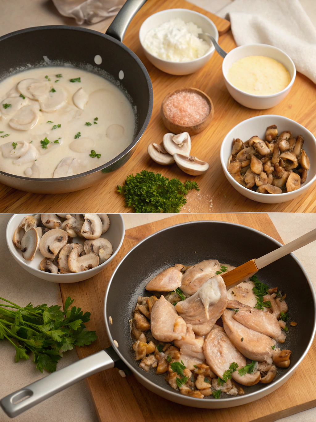 Poulet à la Crème et aux Champignons preparing steps