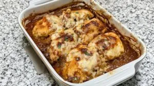 Savory French Onion Chicken Bake Recipe (Cheesy Skillet)