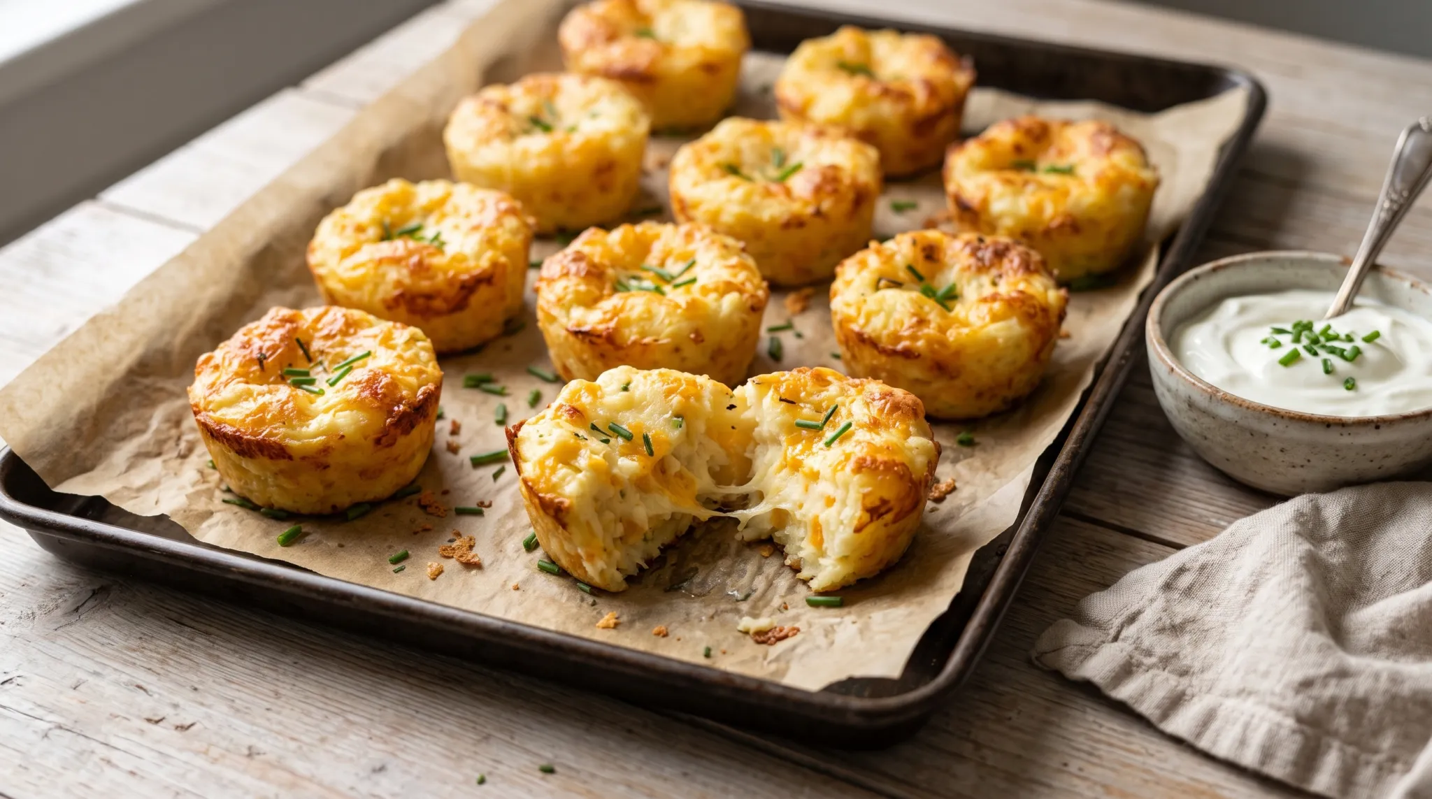 Cheesy mashed potato puffs with golden panko crusts on a parchment-lined baking sheet, one split to show melted cheddar