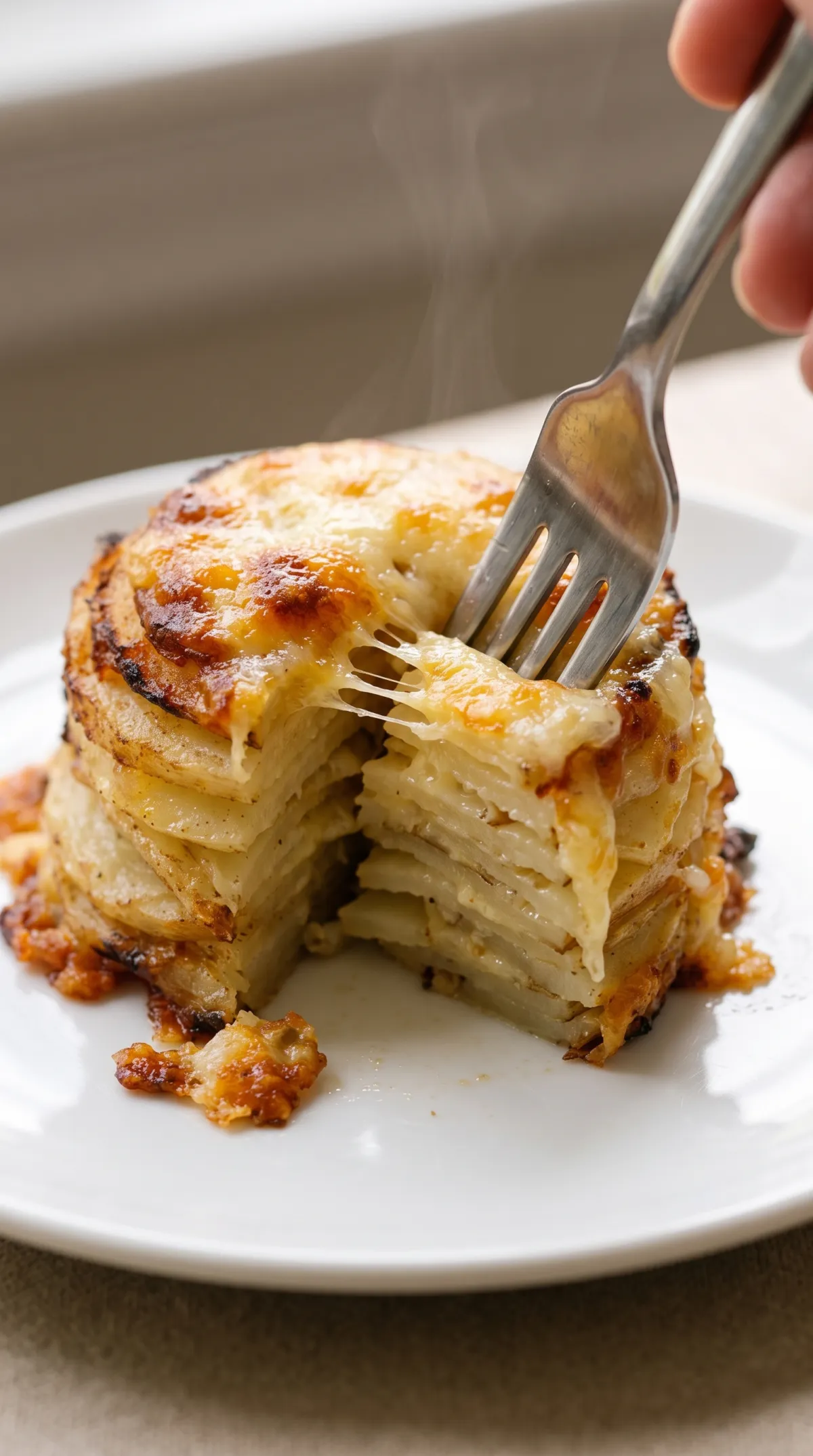 Fork breaking into a cheesy potato stack, showing thin tender layers, melted cheddar and a crisp edge