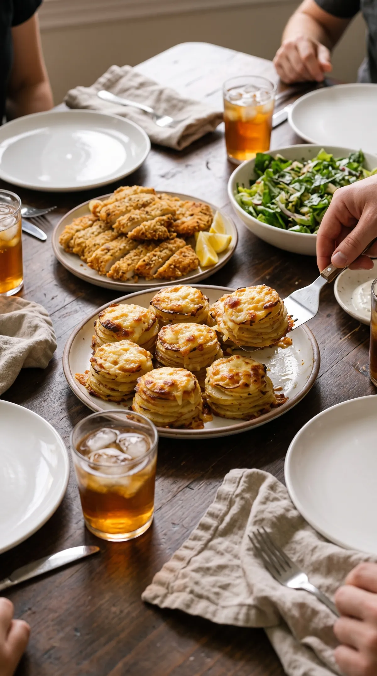 Dinner table with a platter of cheesy potato stacks, crusted chicken cutlets, green salad and iced tea