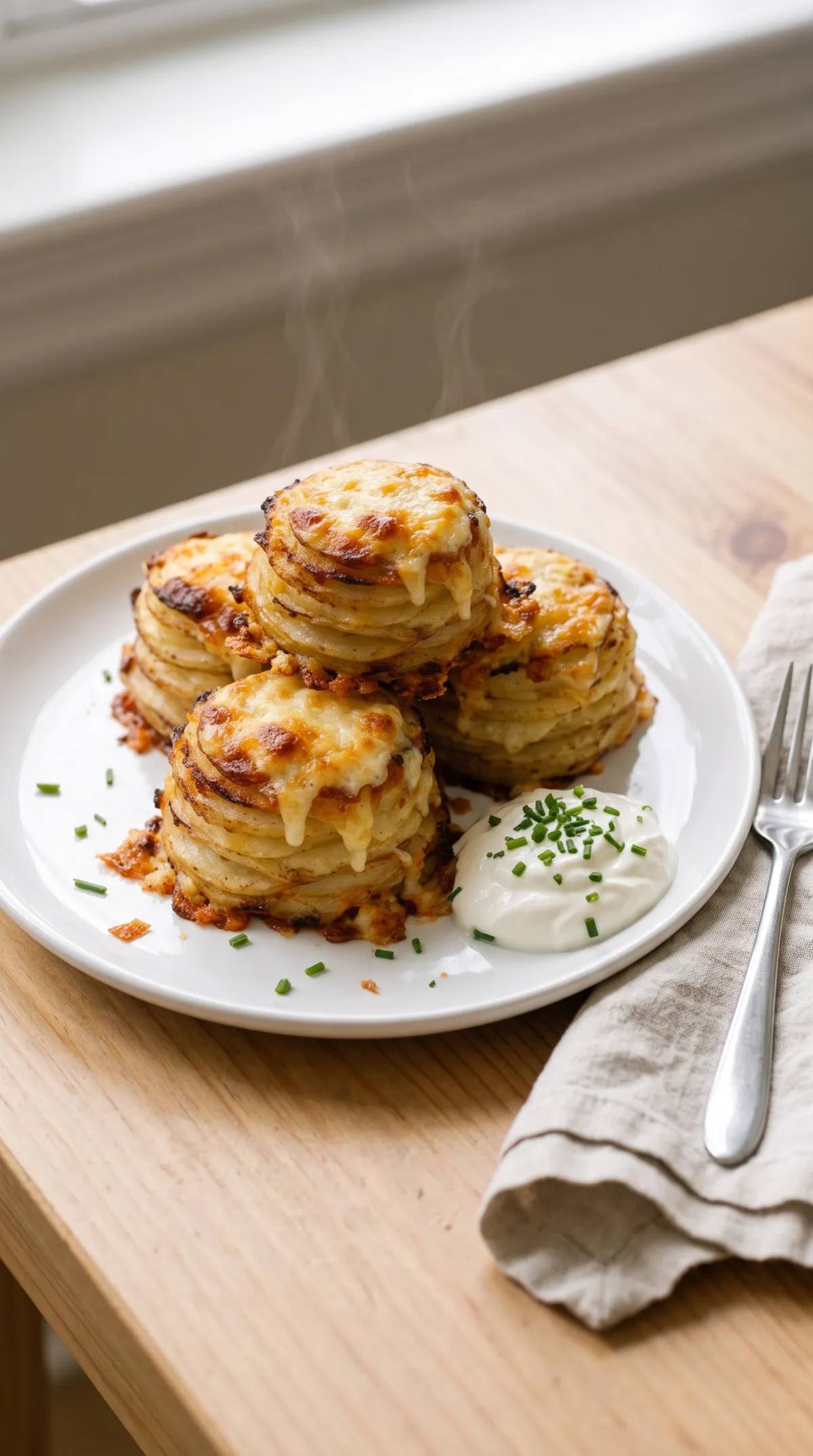 Three cheesy potato stacks on a white plate with sour cream, chives, a fork and a linen napkin