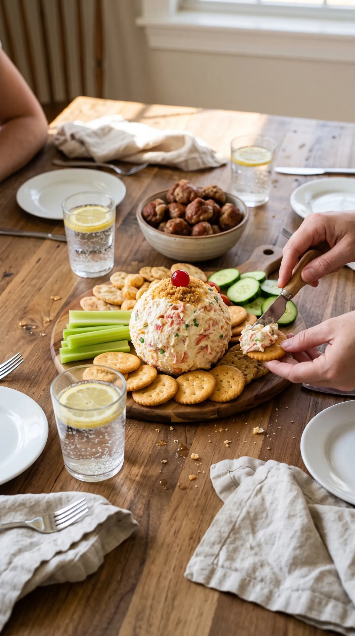Appetizer table with a crab cream cheese ball, crackers, vegetables, sausage balls and sparkling water