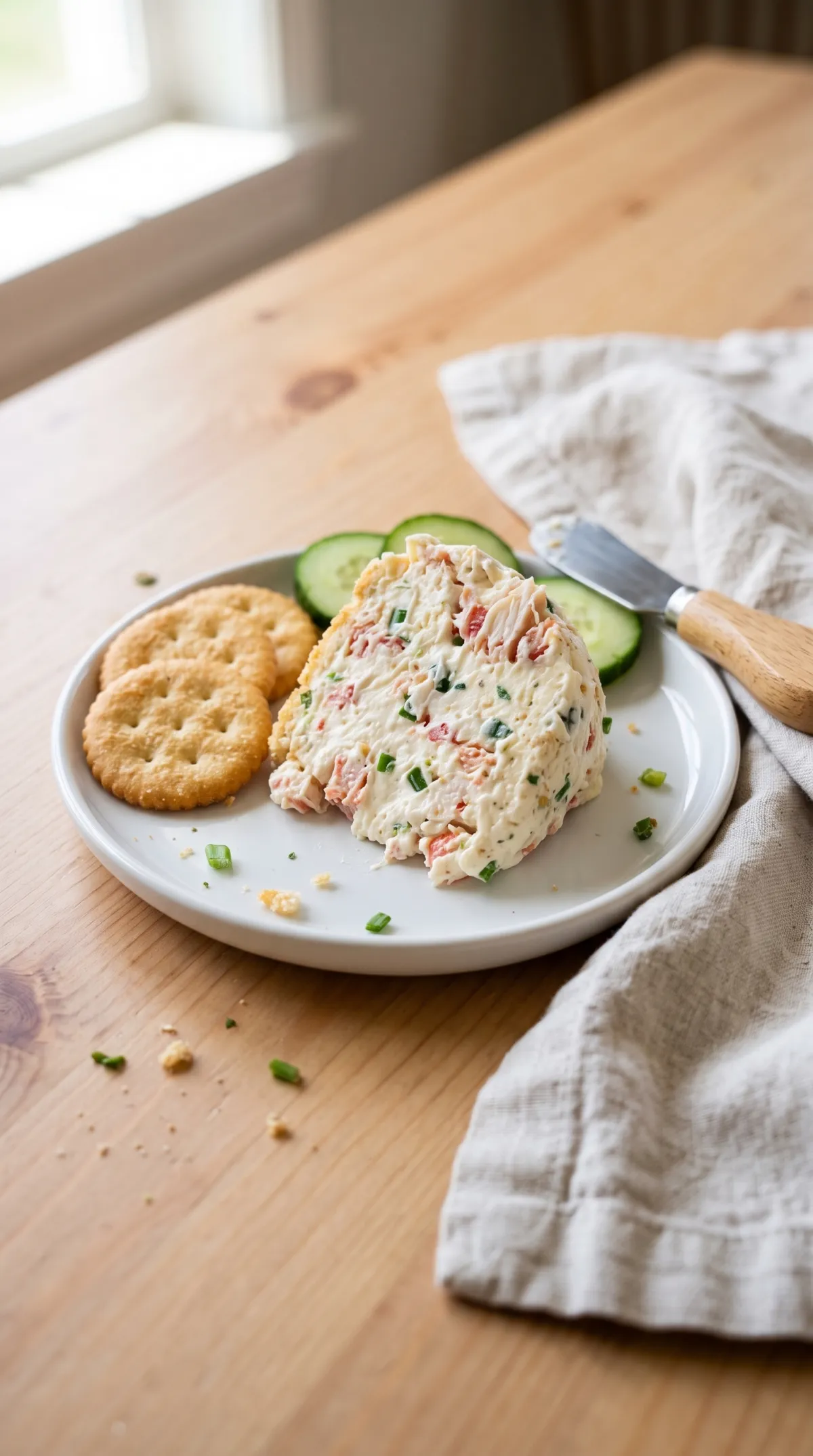 Plate with a cut piece of crab cream cheese ball, crackers, cucumber slices, a knife and a linen napkin