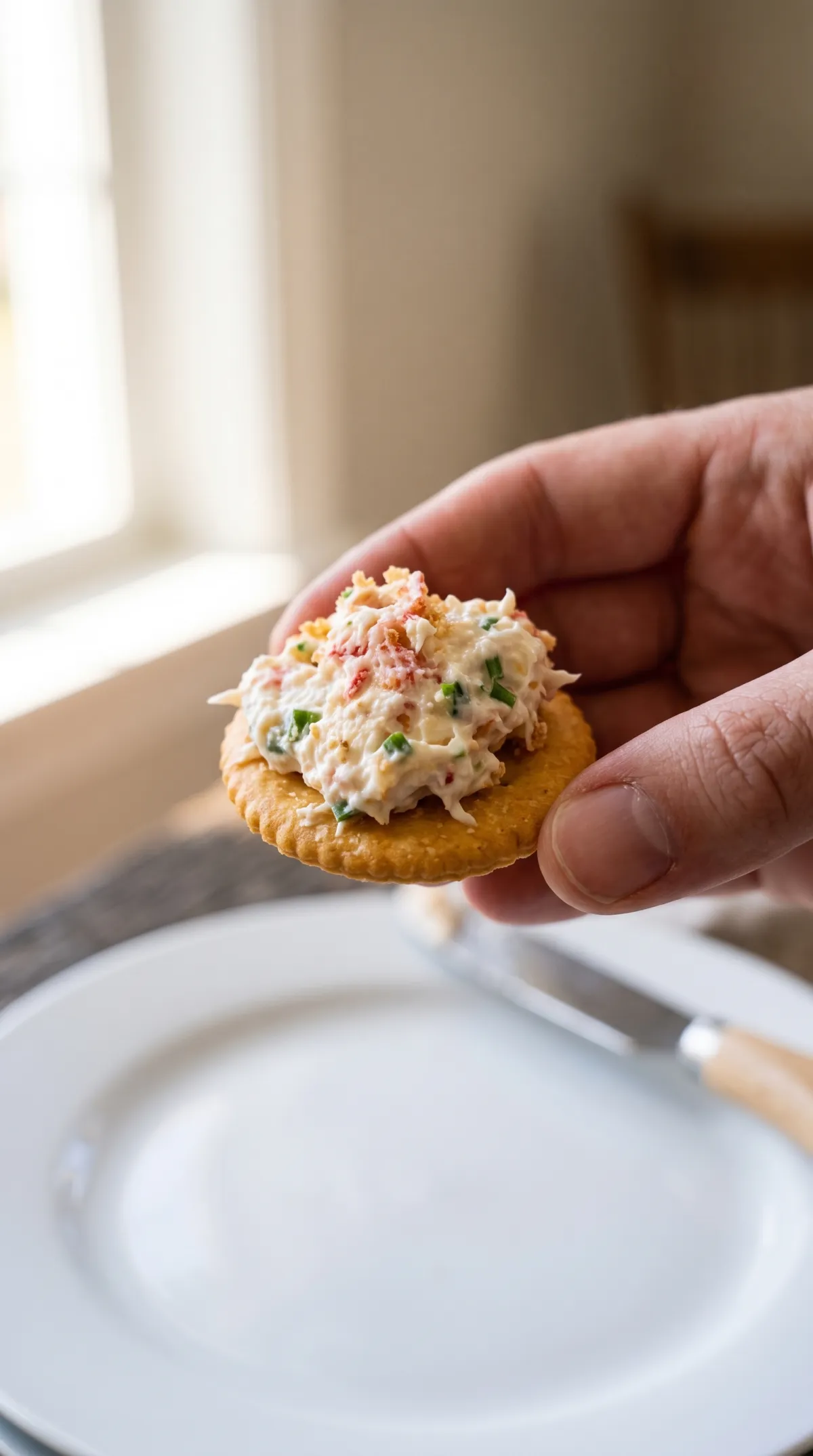 Butter cracker topped with creamy crab cheese ball spread with visible crab flakes and green onion