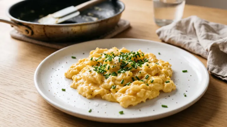 Scrambled eggs with chives piled soft and glossy on a white plate, finished with flaky sea salt