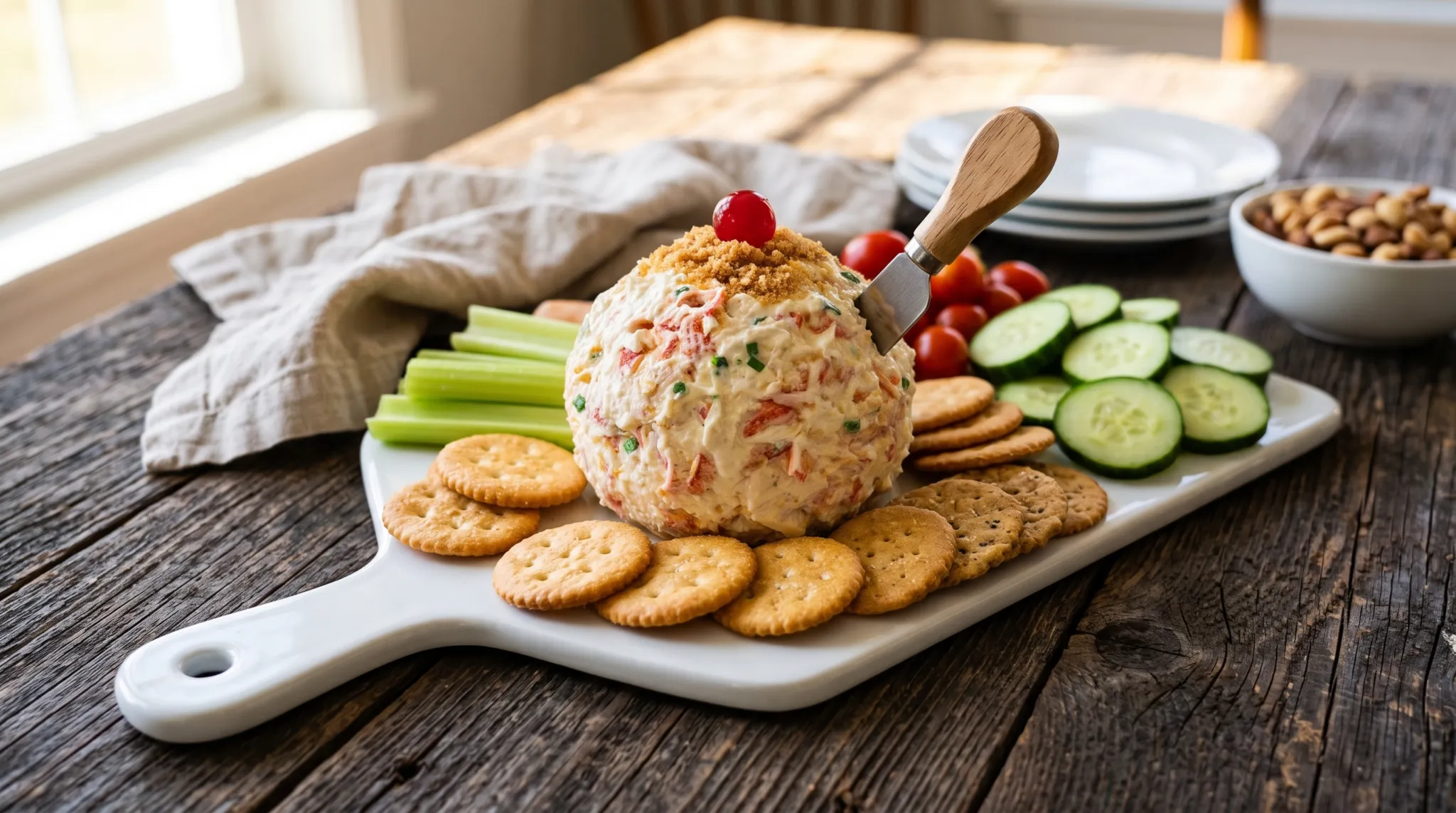 Deviled crab cream cheese ball rolled in cheddar on a board with crackers, celery and cucumber slices