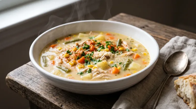 Dolly Parton’s Stampede Soup in a white bowl with chicken, corn, carrots and green beans in a creamy broth