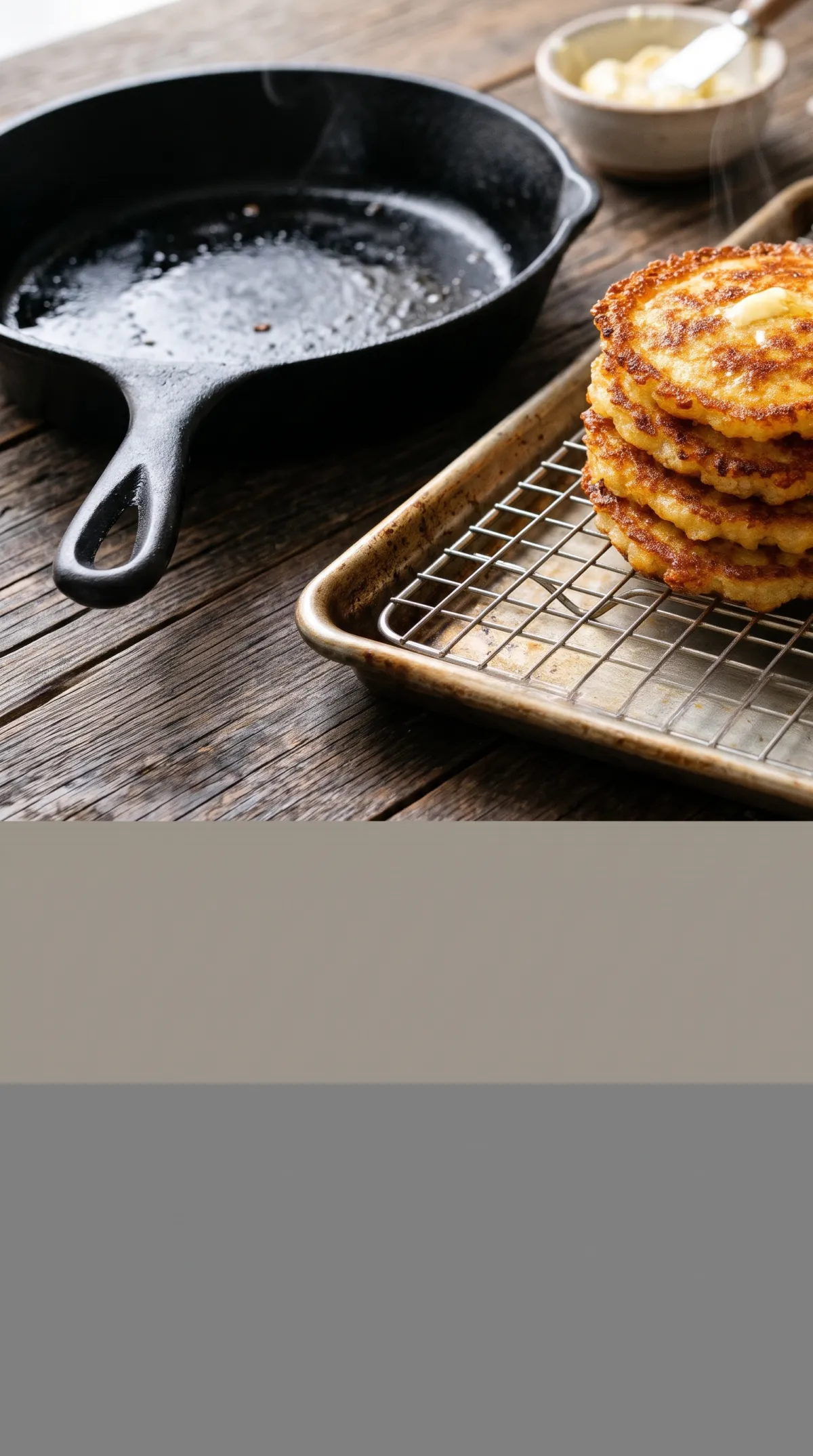 Fried cornbread broken in half showing a crisp golden crust and a soft, moist yellow center