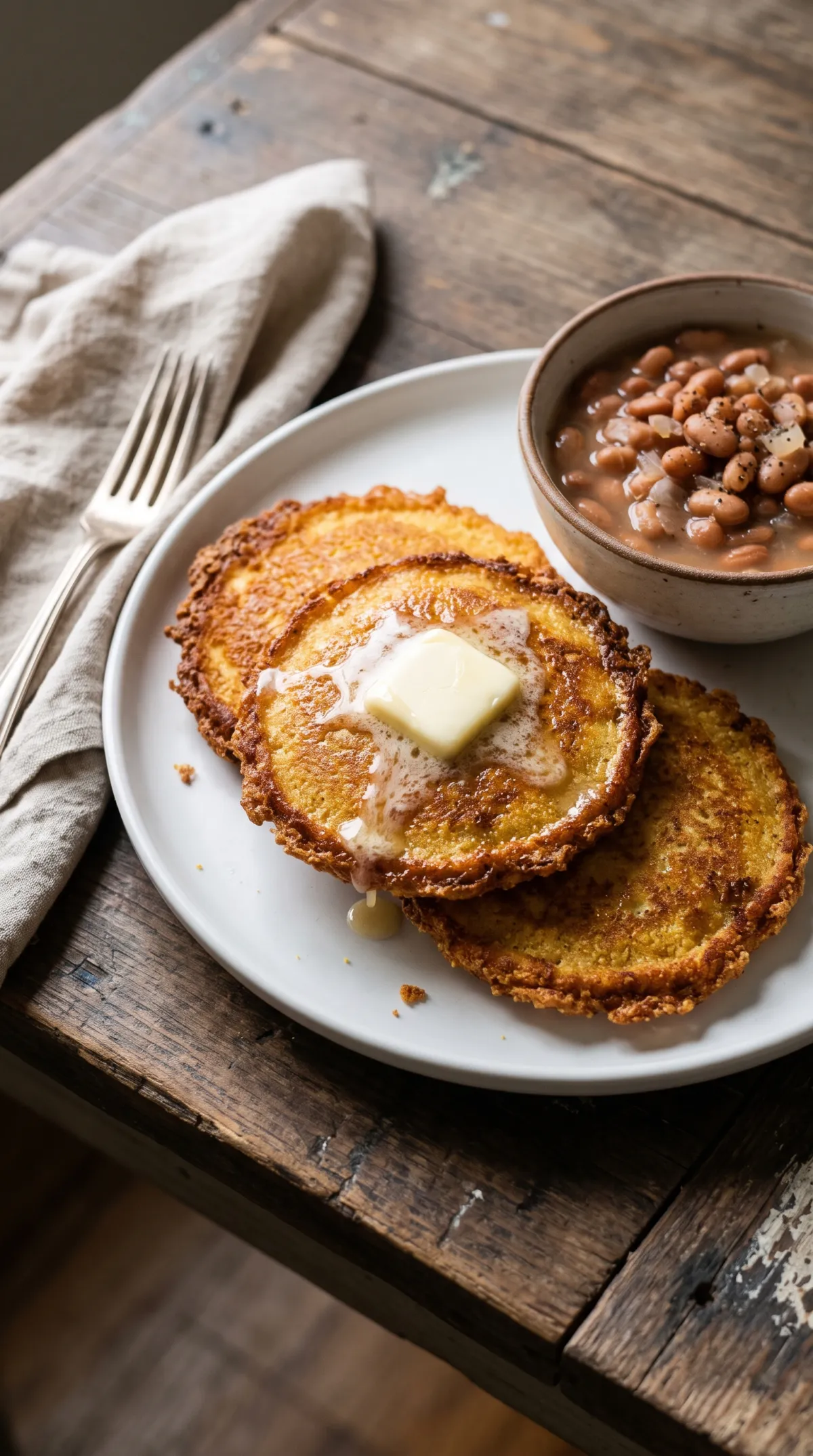 Three fried cornbread rounds on a white plate with melting butter and a bowl of pinto beans