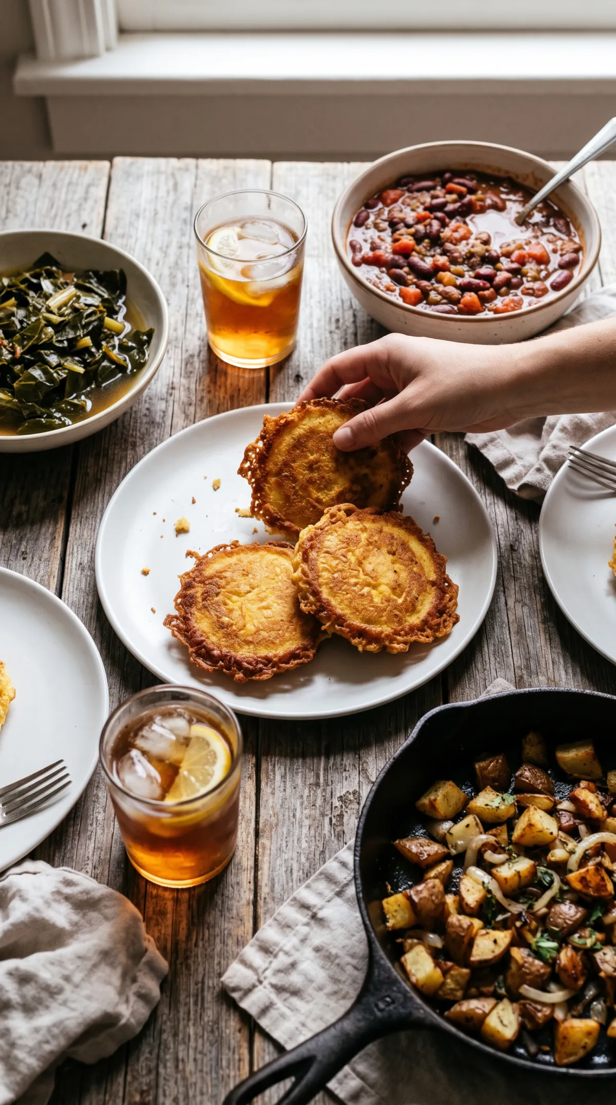 Dinner table with fried cornbread, a bowl of chili, collard greens, fried potatoes and glasses of iced tea