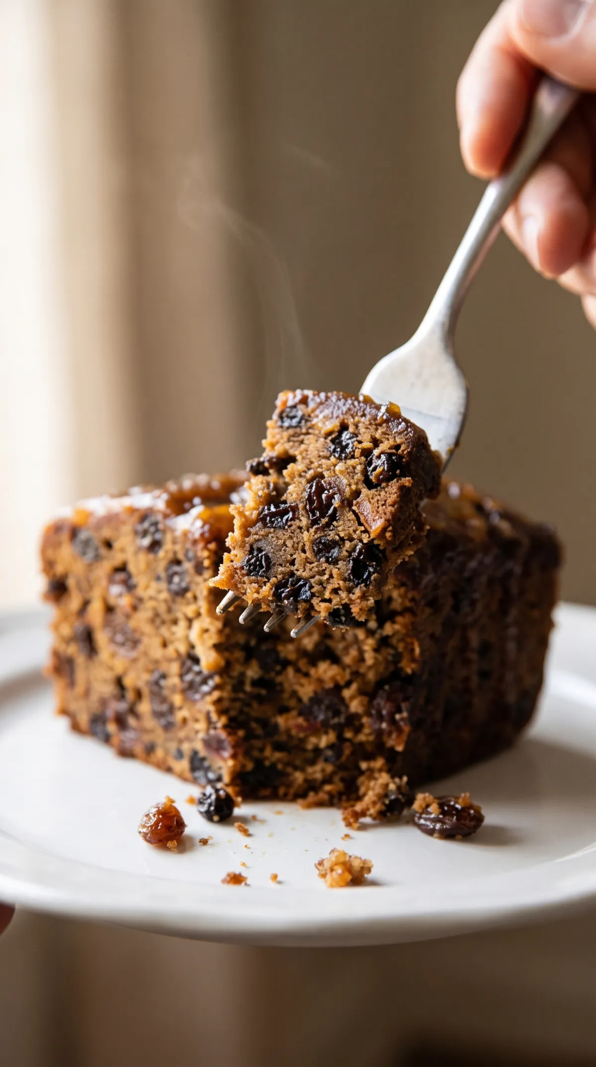 Fork lifting a bite of moist fruit cake studded with raisins, currants and dried cherries