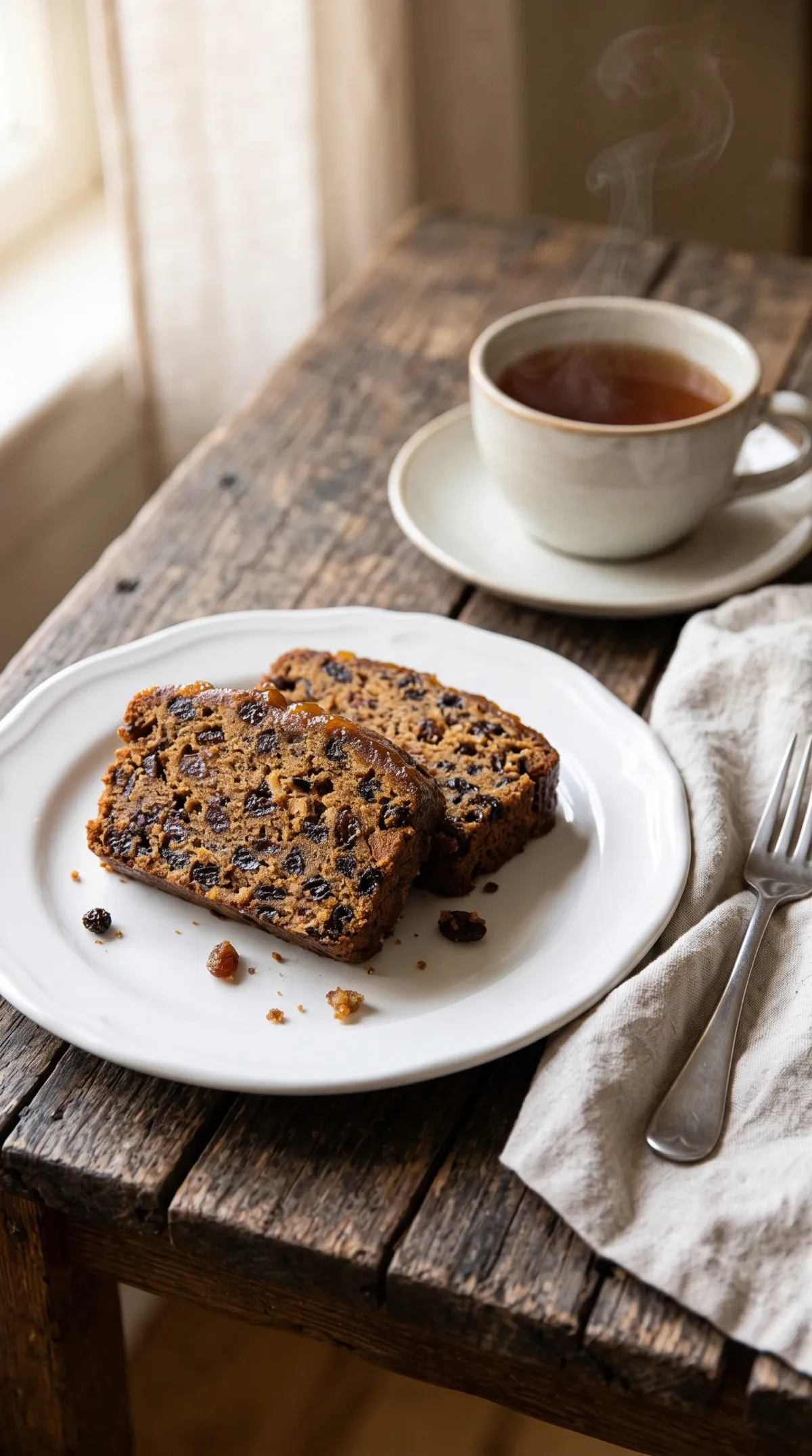 Two slices of classic rich fruit cake on a white plate with a cup of tea, a fork and a linen napkin
