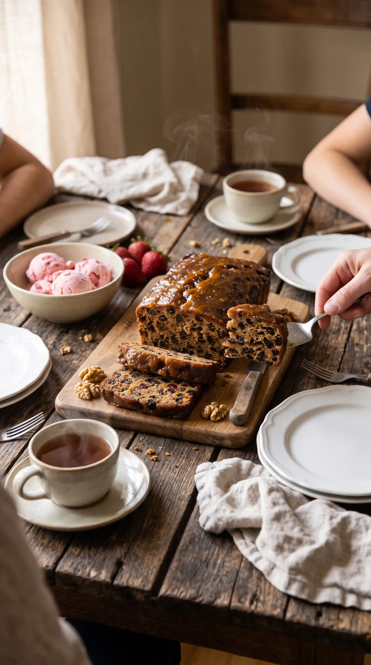 Tea table with a sliced fruit cake loaf, a bowl of strawberry ice cream, cups of tea and white plates