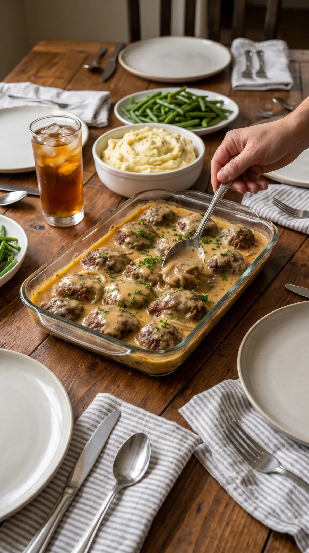 how to make hamburger steak: Baking dish of hamburger steak in gravy beside mashed potatoes, green beans and a glass of iced tea