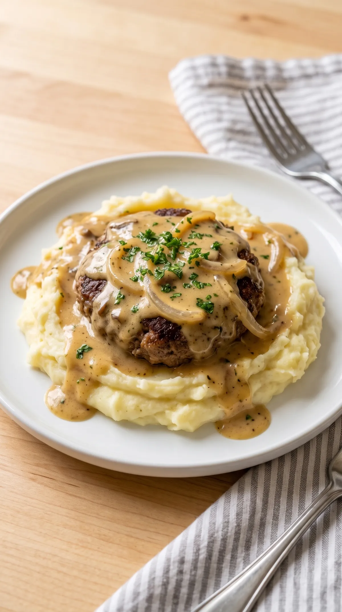 Plated hamburger steak with mushroom gravy over mashed potatoes, sprinkled with chopped parsley