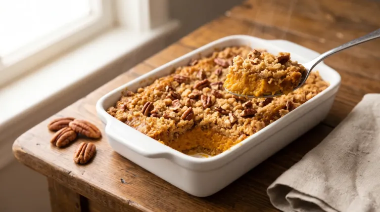 Pumpkin dump cake in a small white baking dish with a golden pecan crust and one spoonful lifted out