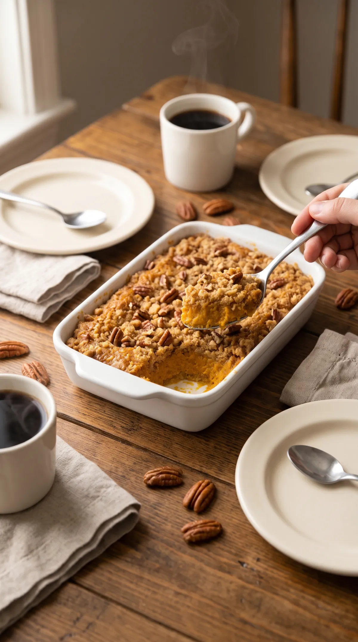 Baking dish of pumpkin dump cake on a fall table with plates, spoons, napkins and two mugs of coffee