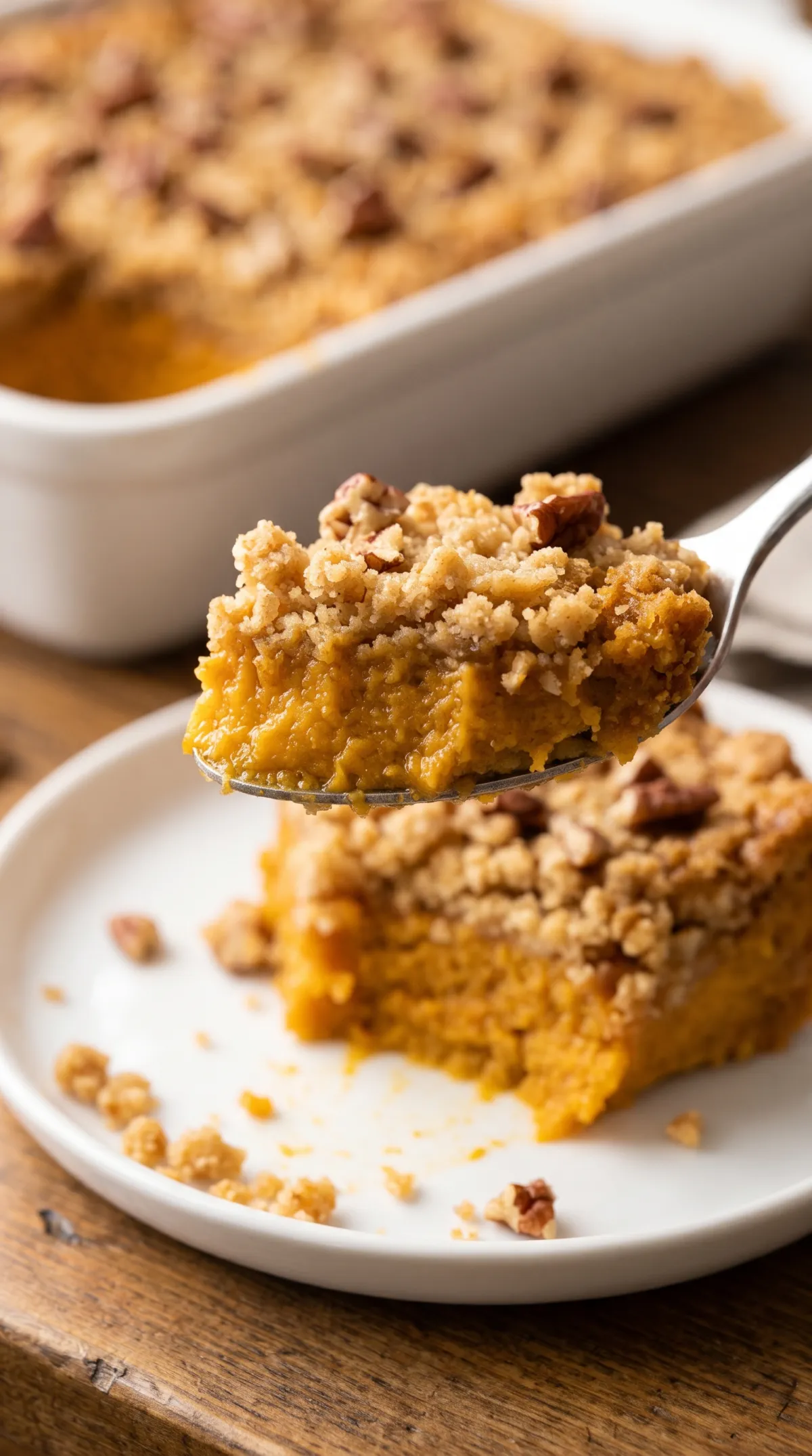 Fork lifting a bite of pumpkin dump cake showing the golden crust, cakey layer and orange custard