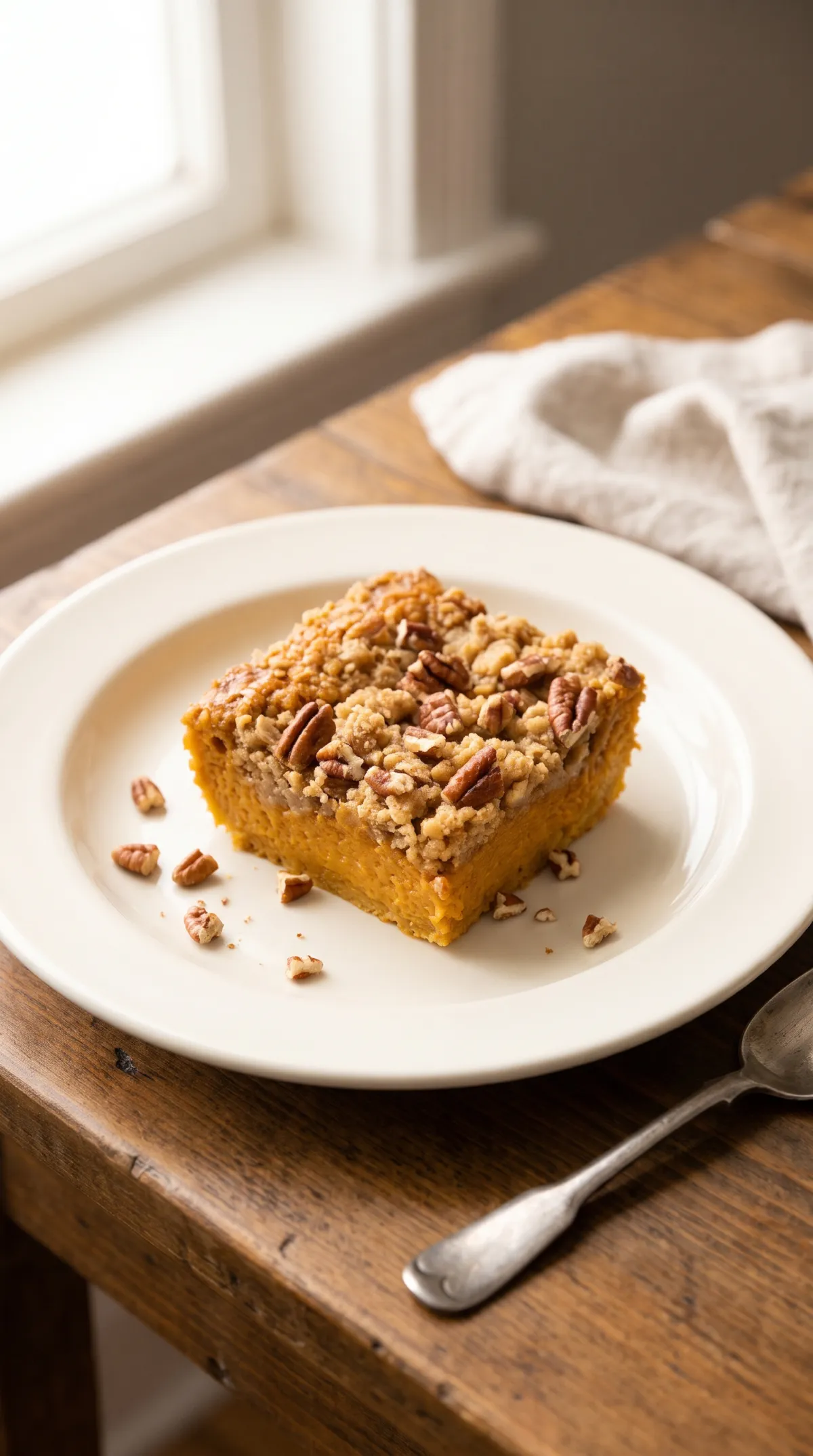 Plated portion of pumpkin dump cake with a golden pecan crust on a cream ceramic plate with a spoon