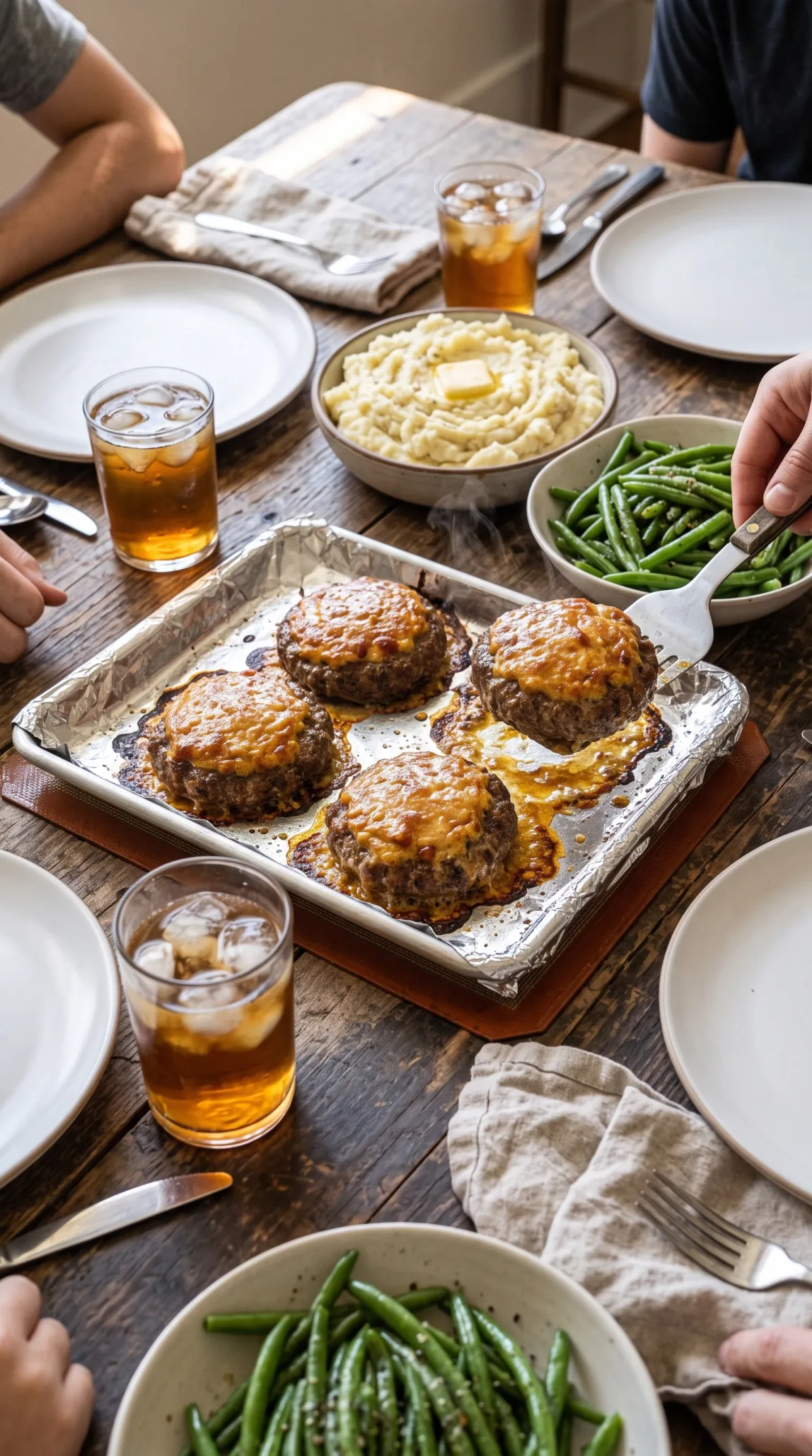 Family dinner table with a pan of saucy beef patties, mashed potatoes, green beans and iced tea