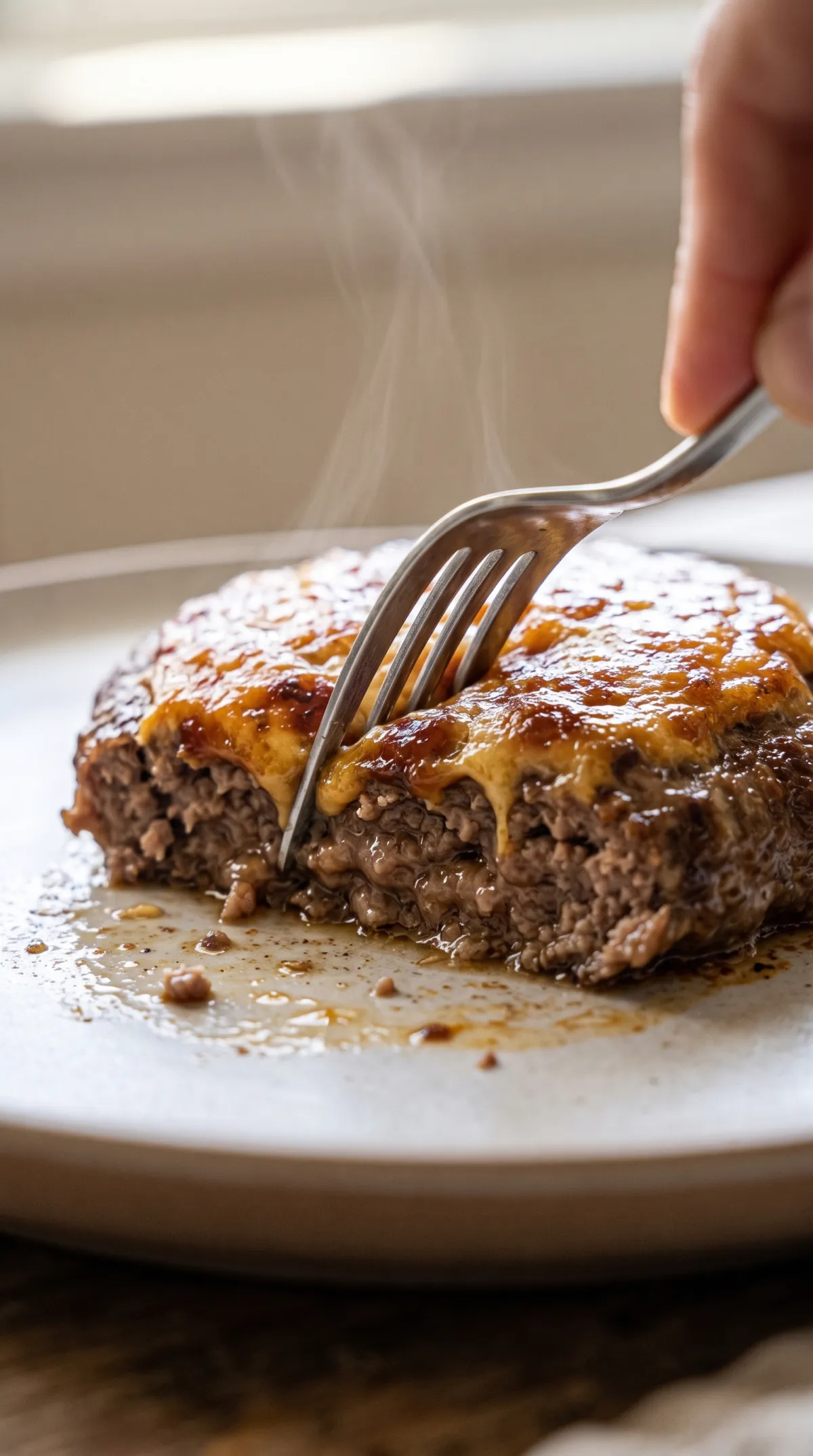Fork cutting into a saucy baked beef patty showing a juicy interior and browned sauce topping