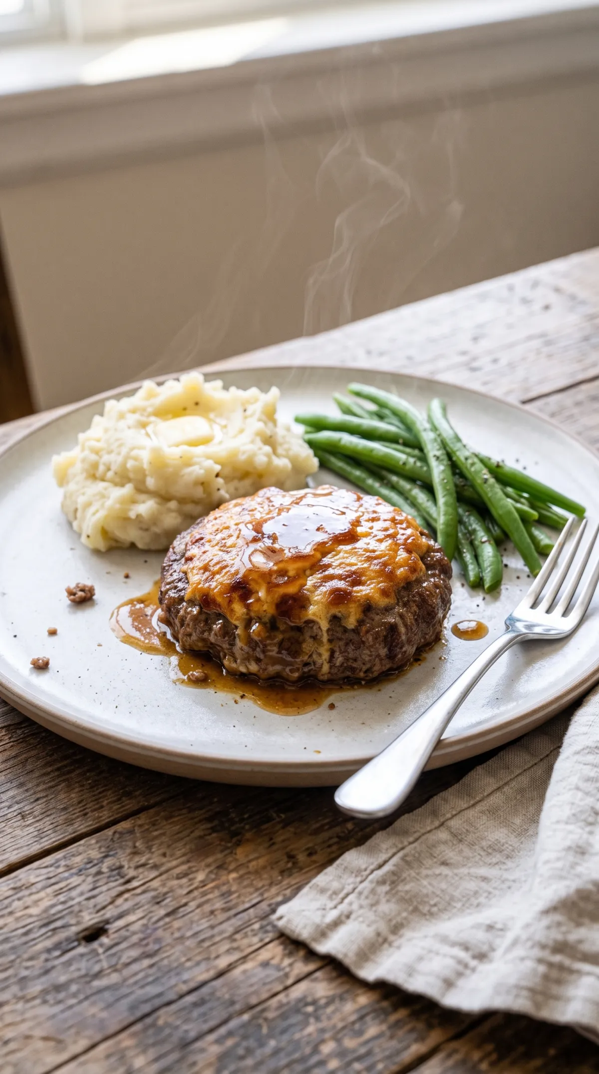 Saucy baked beef patty on a white plate with mashed potatoes, green beans and extra pan sauce