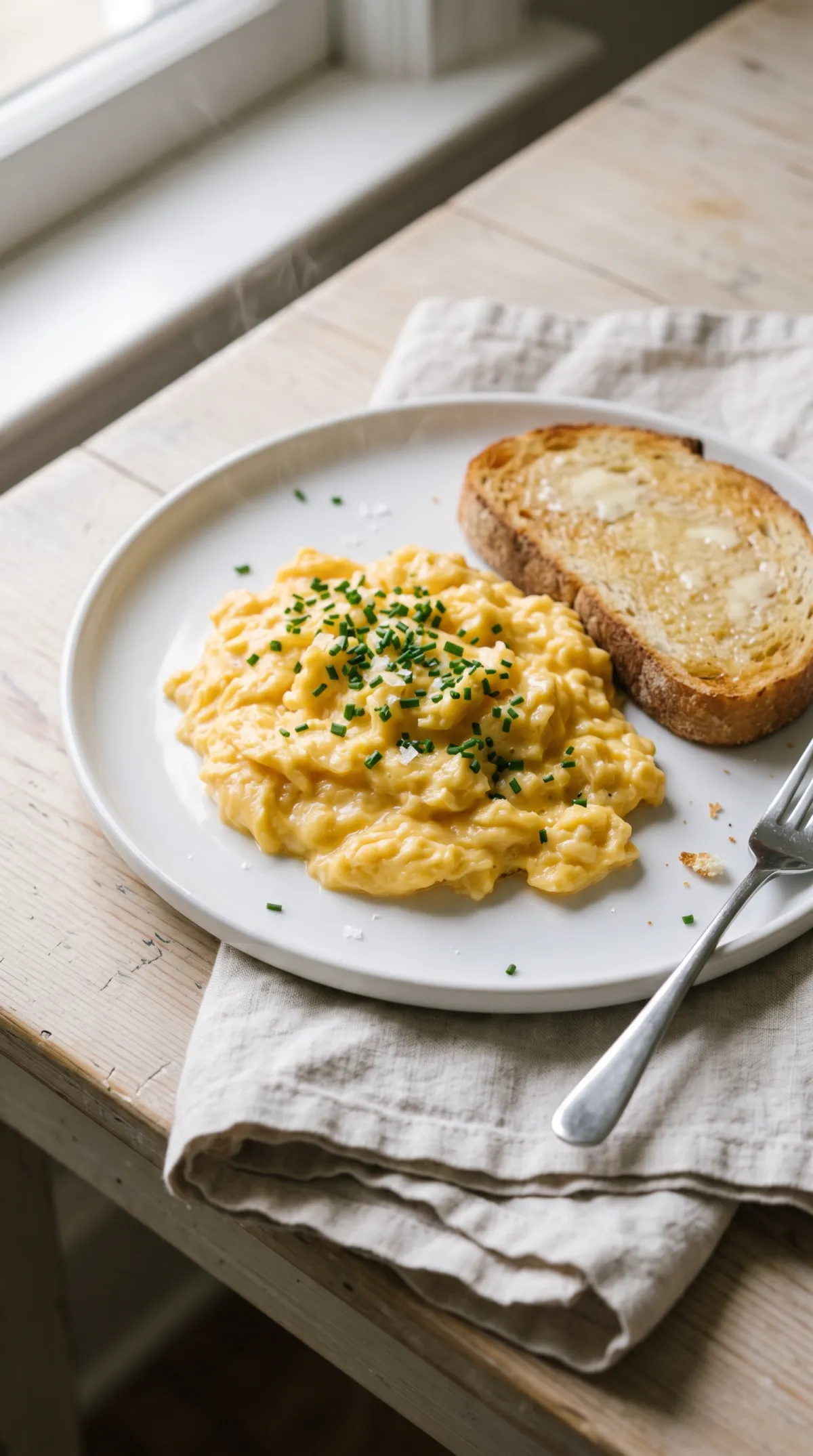Plate of soft scrambled eggs with chives and flaky salt beside a slice of buttered toast on a linen napkin