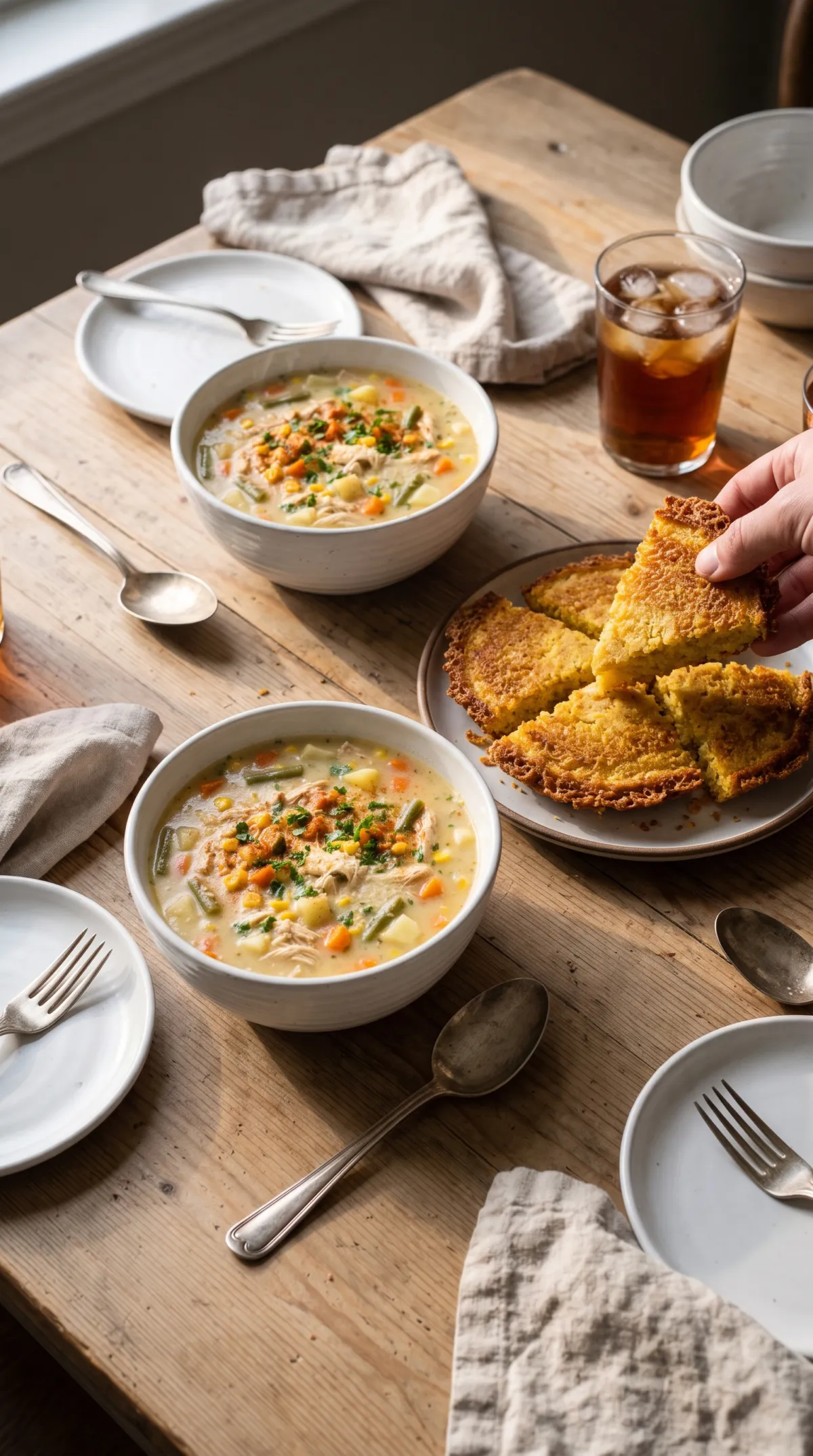 Two bowls of Dolly Parton’s Stampede Soup with cornbread and a glass of iced tea on a wooden table