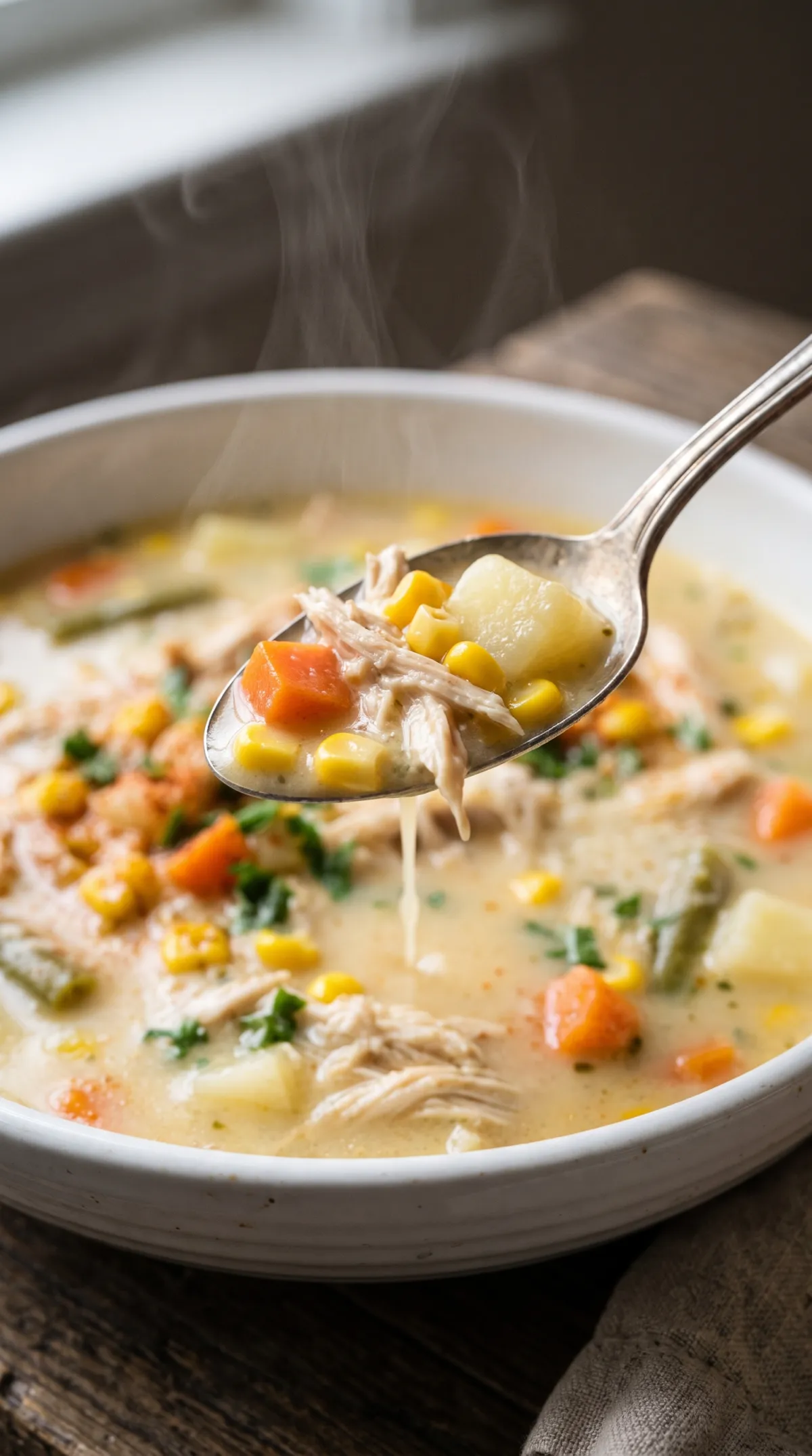 Spoon lifting creamy soup with shredded chicken, corn and diced carrot from a bowl of Dolly Parton’s Stampede Soup
