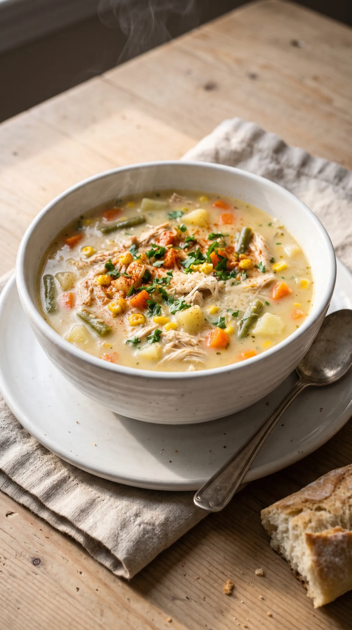 Bowl of Dolly Parton’s Stampede Soup topped with parsley and grated Parmesan beside a spoon on a linen napkin