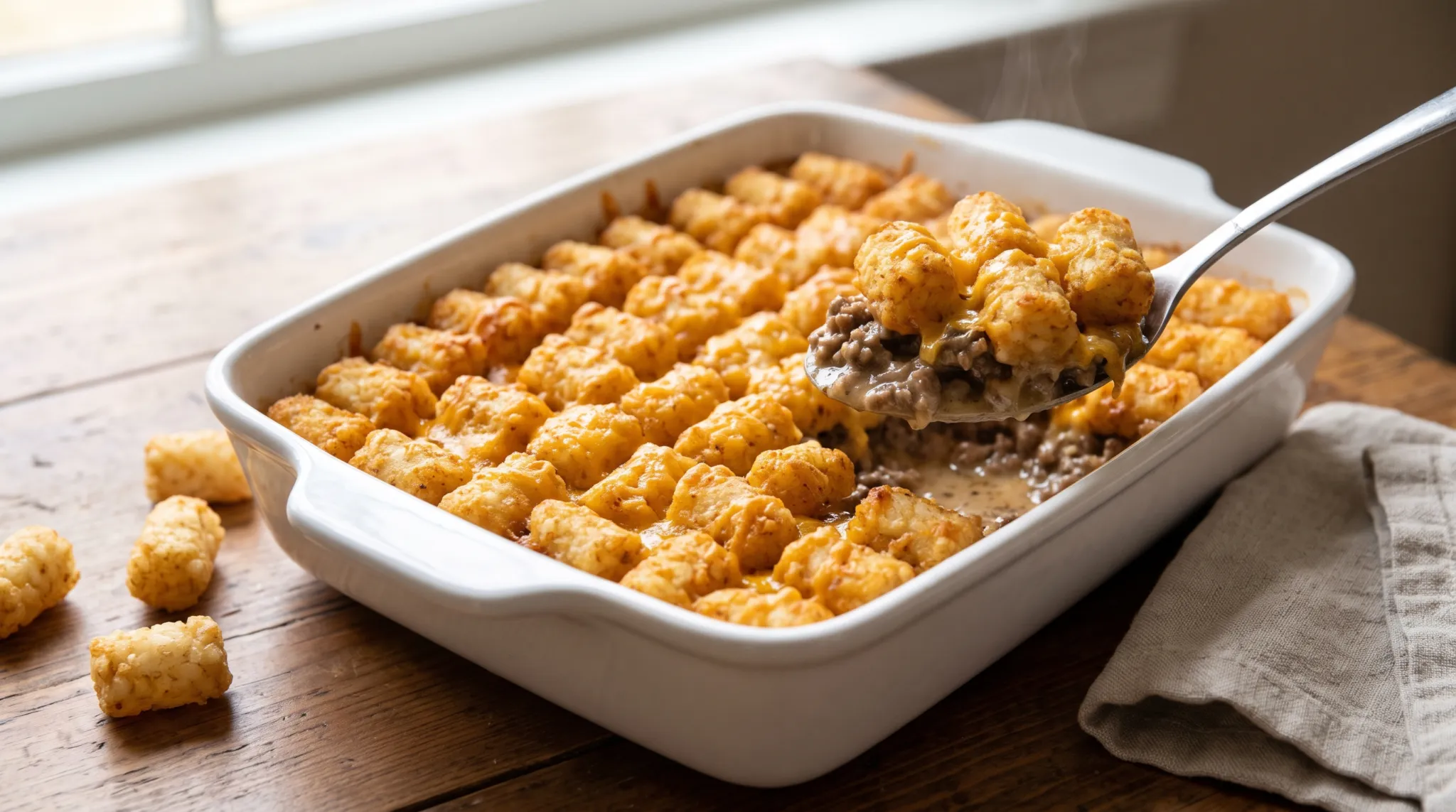 Tater tot casserole with ground beef in a ceramic dish with golden tots, melted Cheddar and a portion lifted out