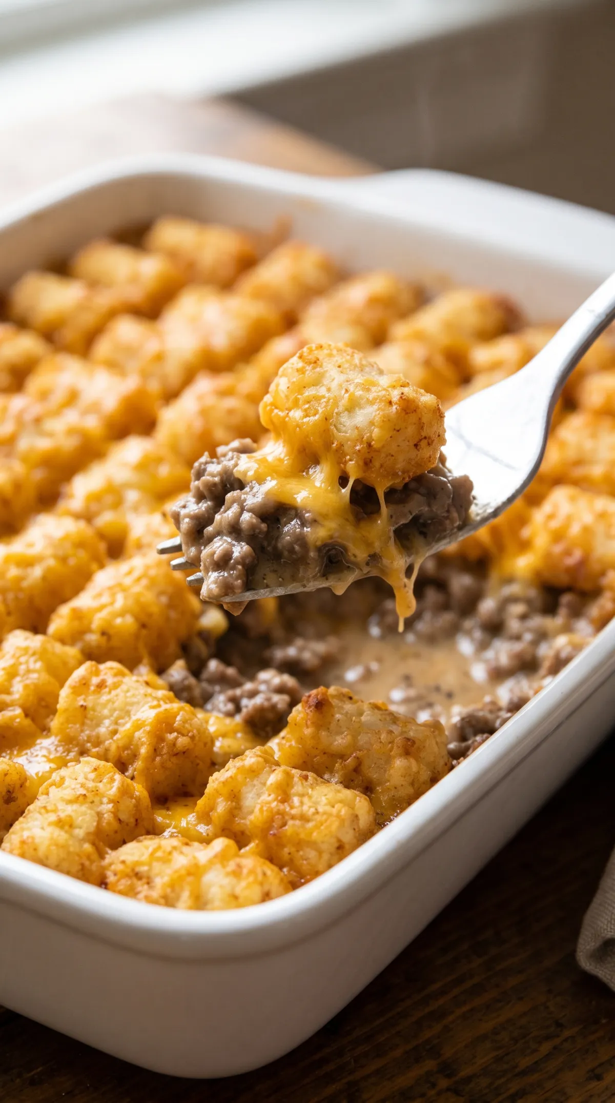 Fork lifting a bite of tater tot casserole showing a golden tot, melted Cheddar and creamy ground beef