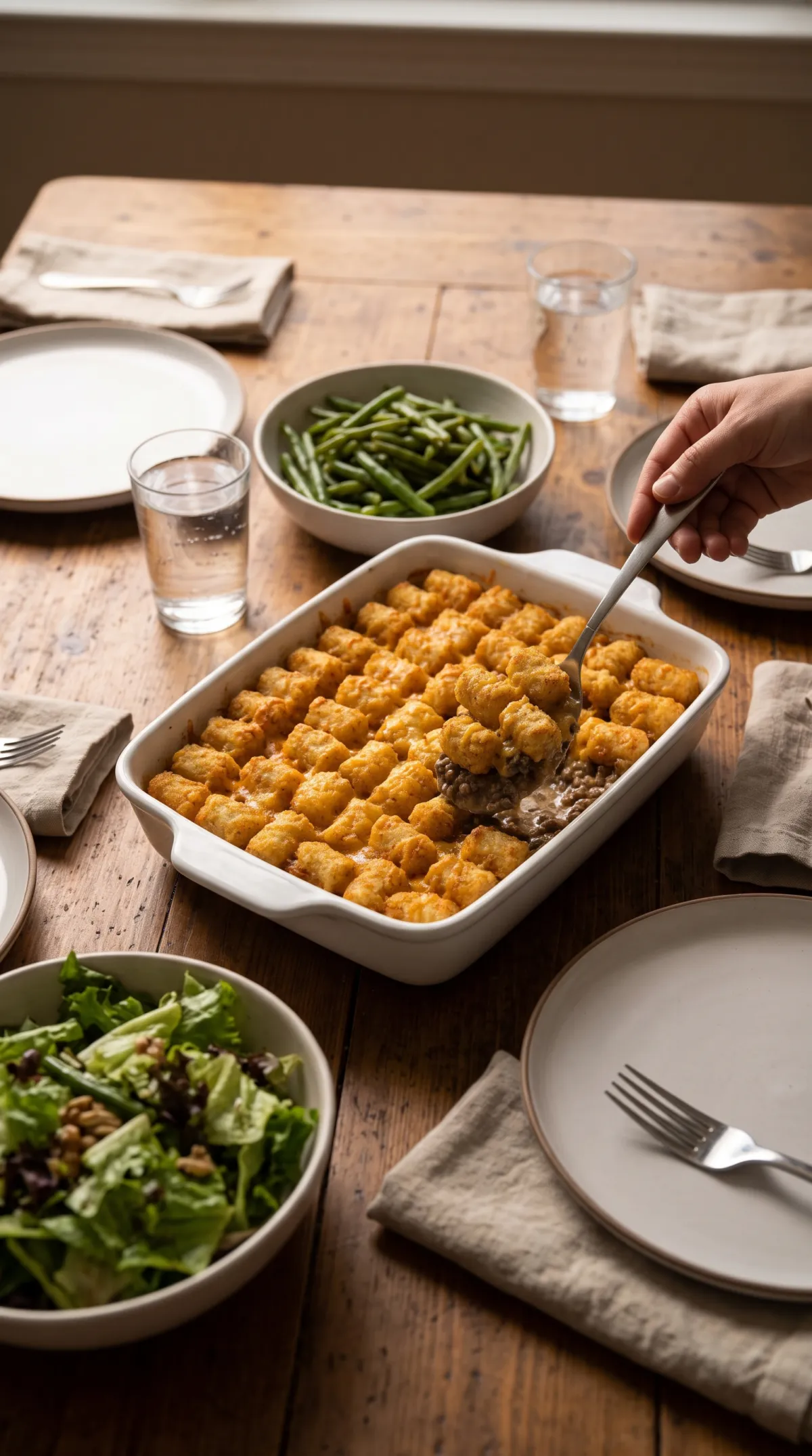 Dish of tater tot casserole on a dinner table with green beans, a salad, plates and glasses of water