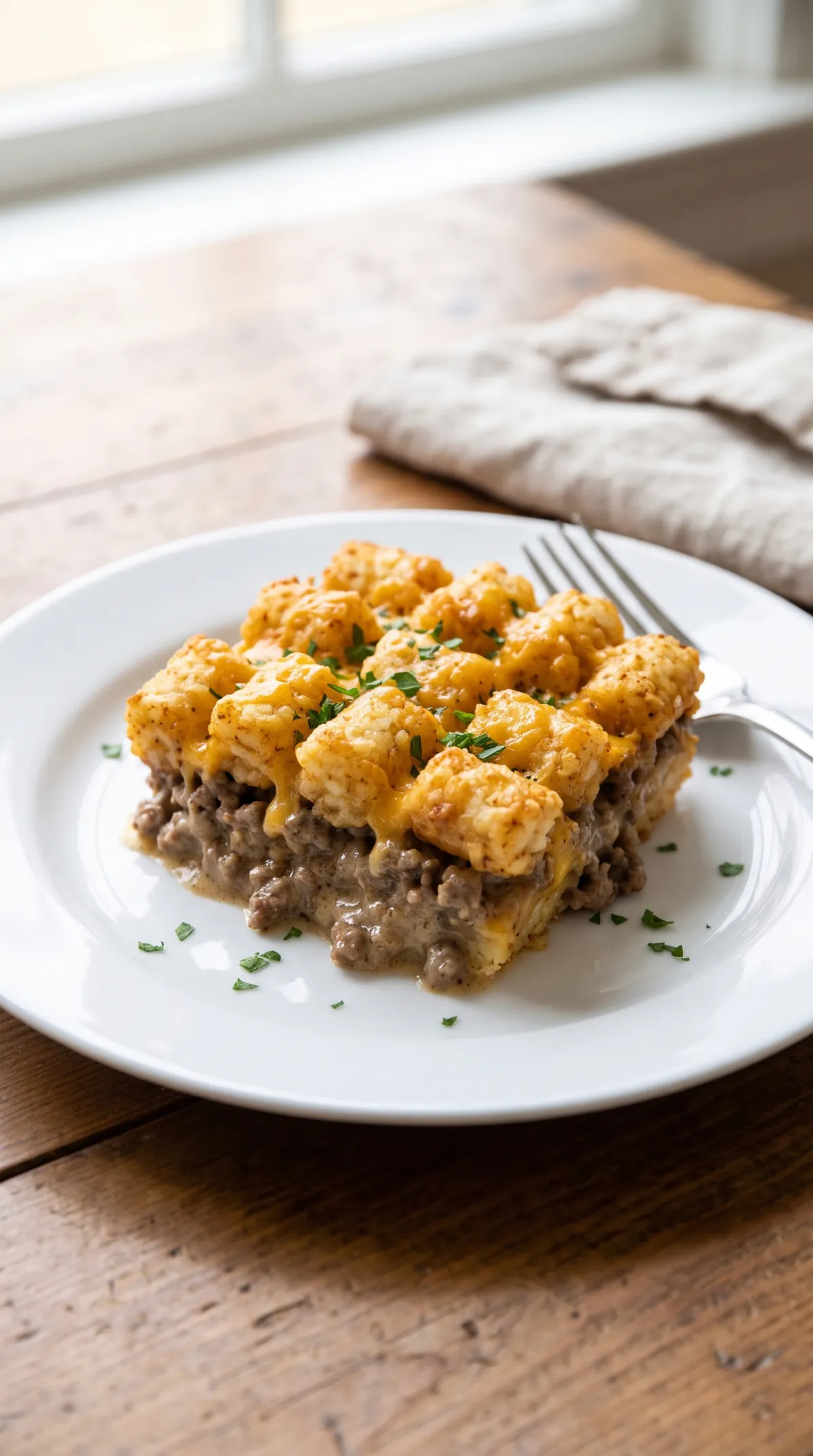 Plated serving of tater tot casserole with golden tots, melted Cheddar and ground beef on a white plate